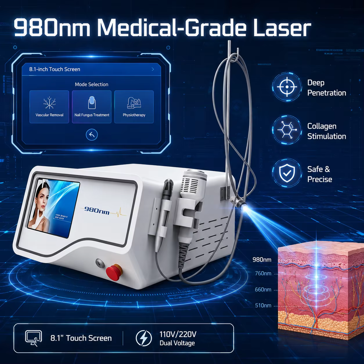 Portable 5 in 1 Spider Vein/ Vascular Removal 980nm Diode Laser Equipment With Ice Hammer Taibo Beauty Laser Machine CE