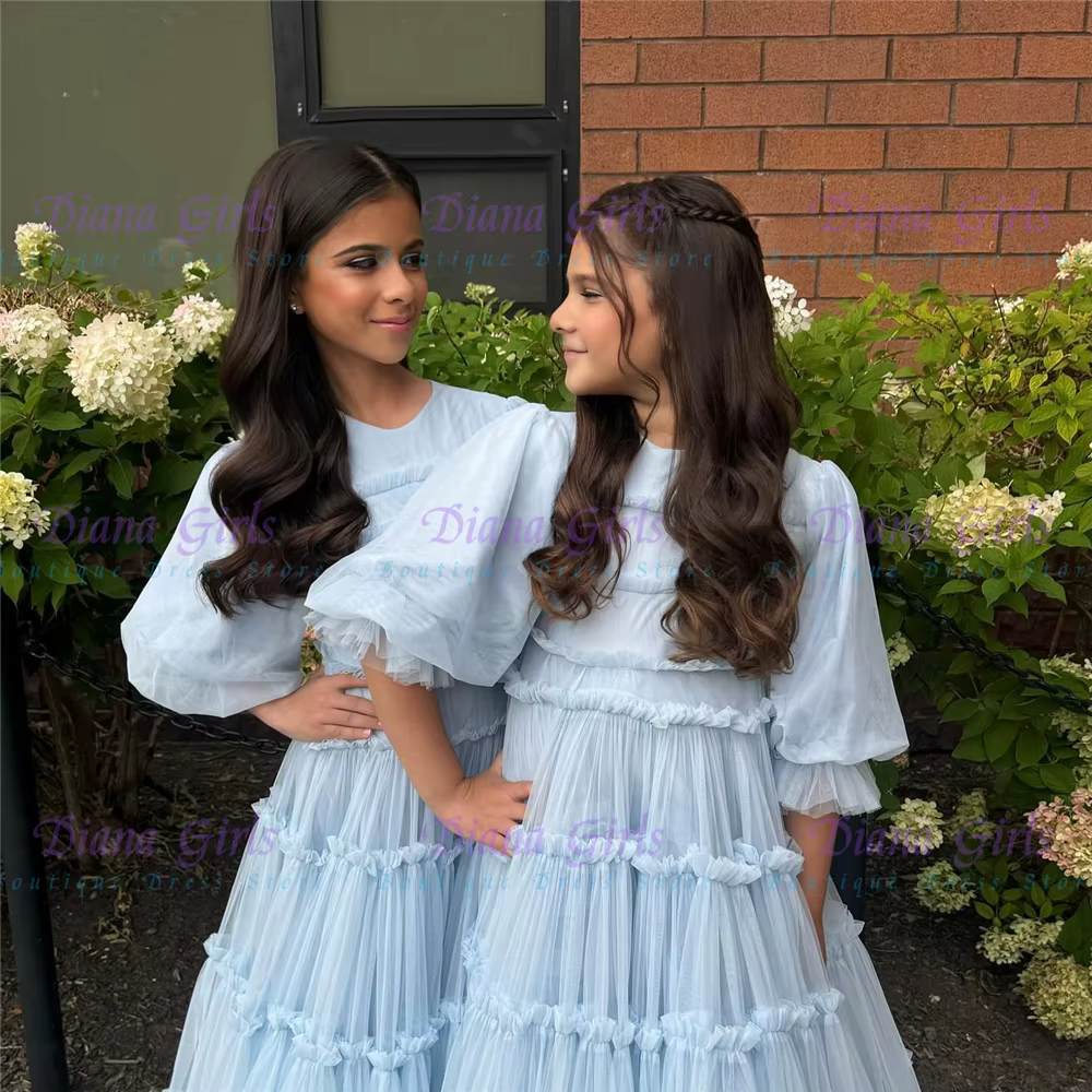 Elegant Blue Flower Girl Dress Quality Layered Tulle Fluffy for Wedding Ball Ruffles Floral Toddler Pageant Birthday Party Gowns