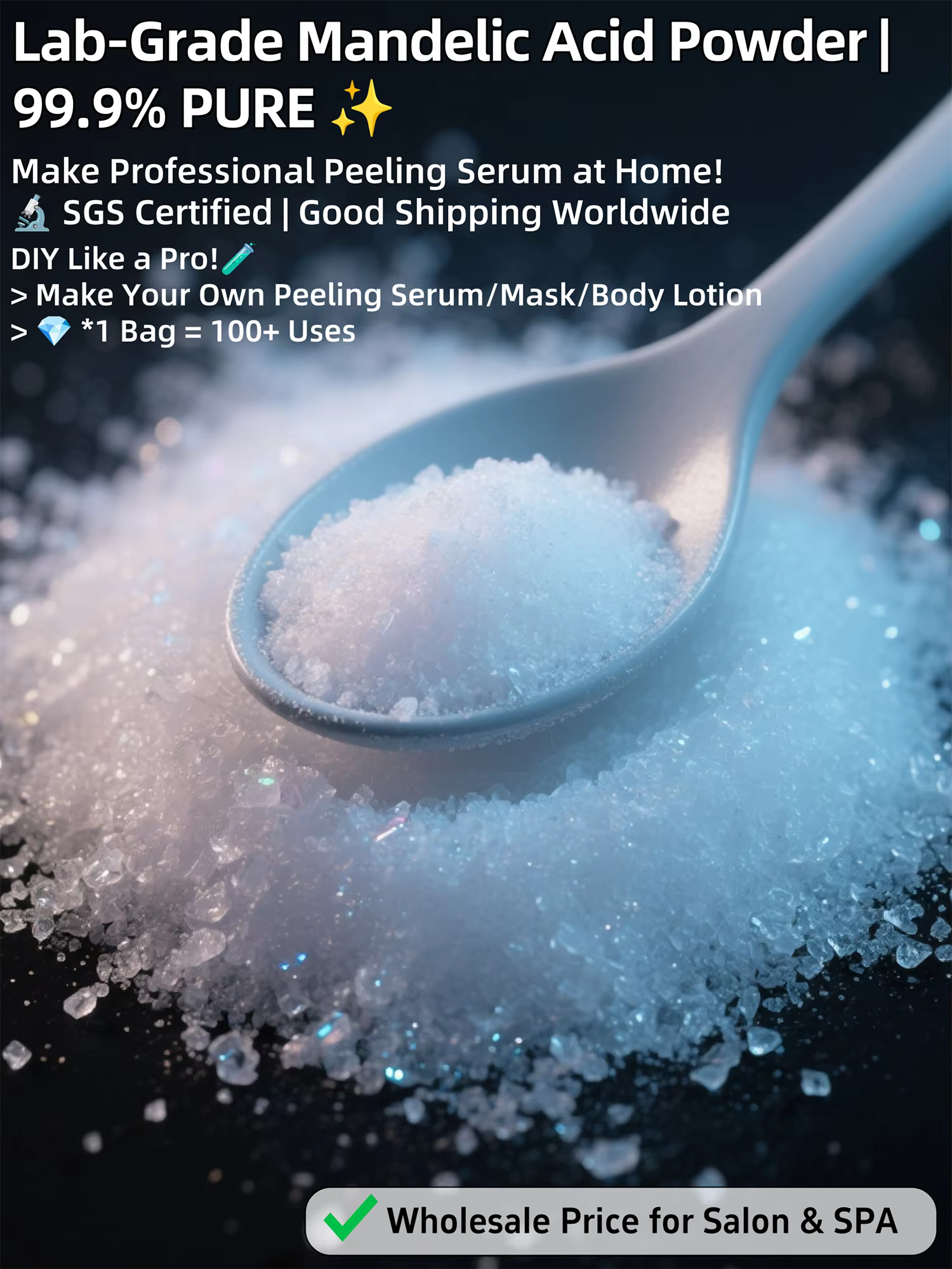 99% Pure Mandelic Acid Powder for DIY Skincare - SGS Certified, Vegan, Acne/Blackhead Treatment, Make Serum/Peel at Home