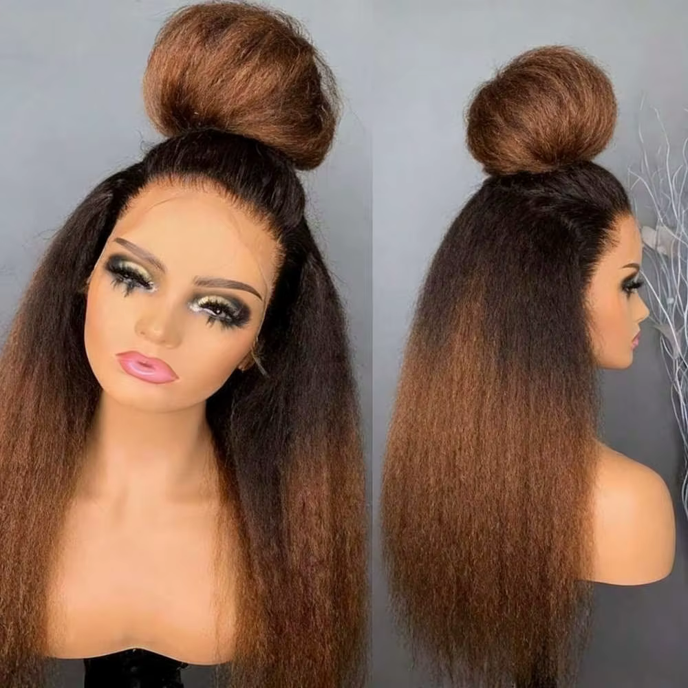 Natural Hairline 200 Density Ombre 4/27 Yaki Human Hair Kinky Straight Lace Front Wig for Women Baby Hair Pre Plucked Glueless