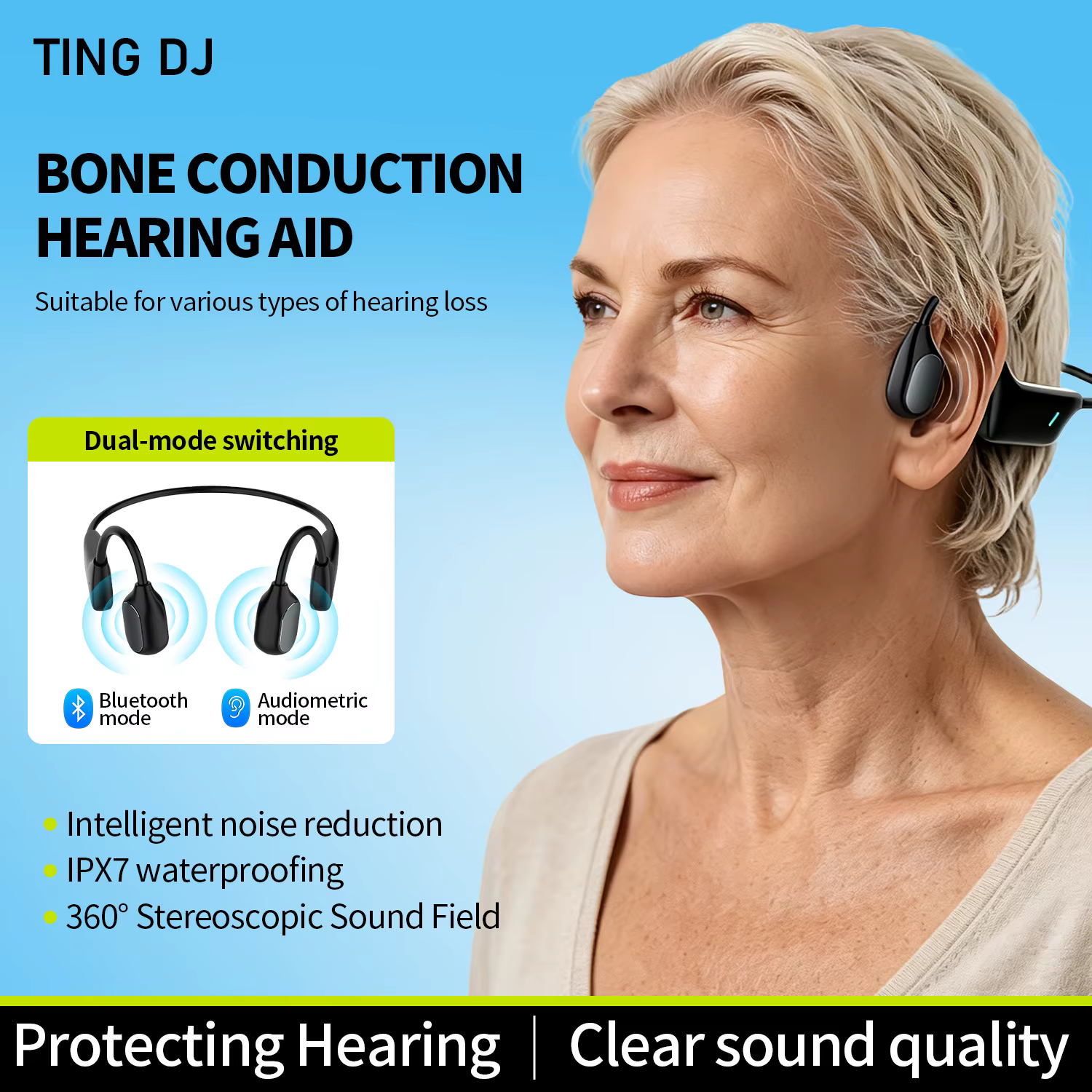 Dual Mode Bone Conduction Hearing Aid Bluetooth Rechargeable Noise Reduction IPX7 Waterproof Voice Amplifier For Music TV Calls