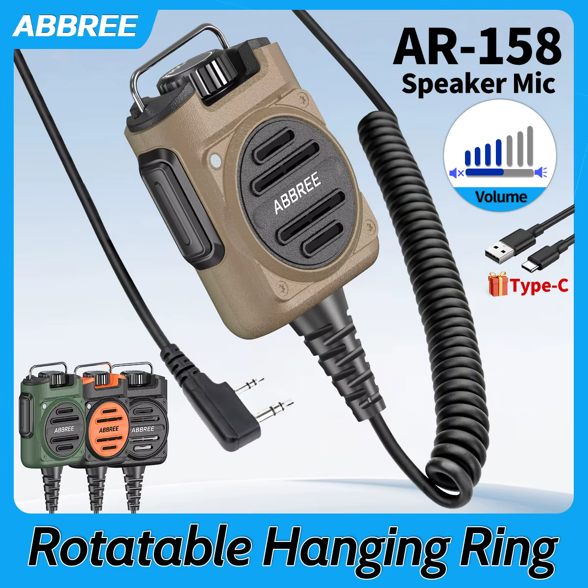 ABBREE AR-158 Rechargeable Microphone Speaker Mic Adjustable Volume Compatible With Baofeng UV-5R Mini UV-21 PRO UV-32 Ham Radio