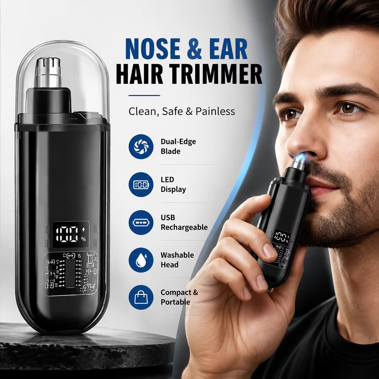 Men's Nose Hair Trimmer USB Rechargeable Electric Nose Ear Hair Clipper LED Display Portable Grooming Tool