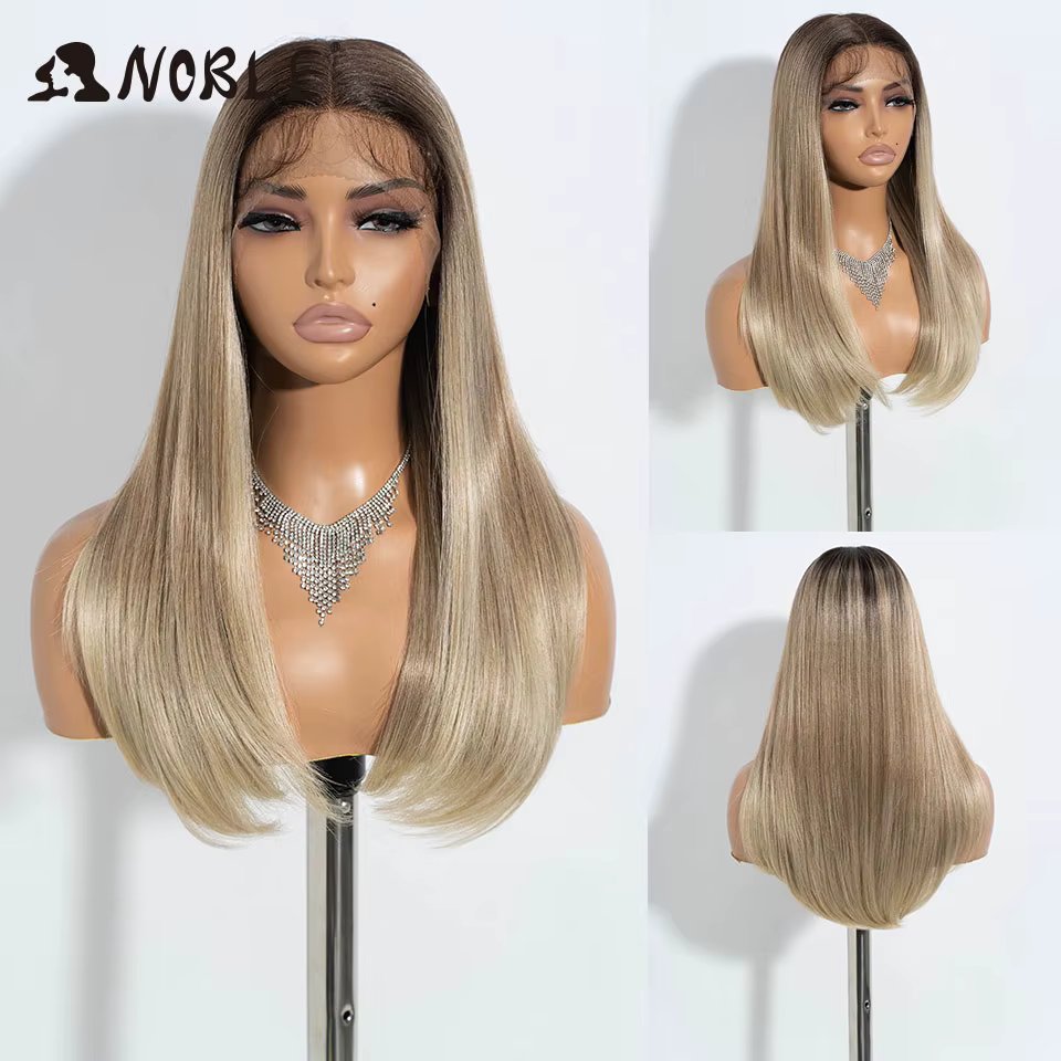 Noble Synthetic Lace Front Wig Straight Baby Hair Bob Wig Synthetic Lace Wig 22 Inch Dark Root Platinum Blonde Wigs For Women