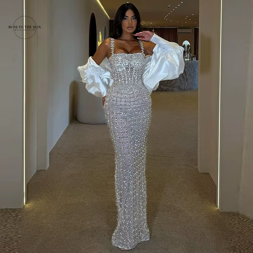 ROSEINTHEBOX Evening Dresses Luxury Mermaid Crystal Beading Cocktail Party Gown Spaghetti Strap Prom Dress Abendkleider Hochzeit