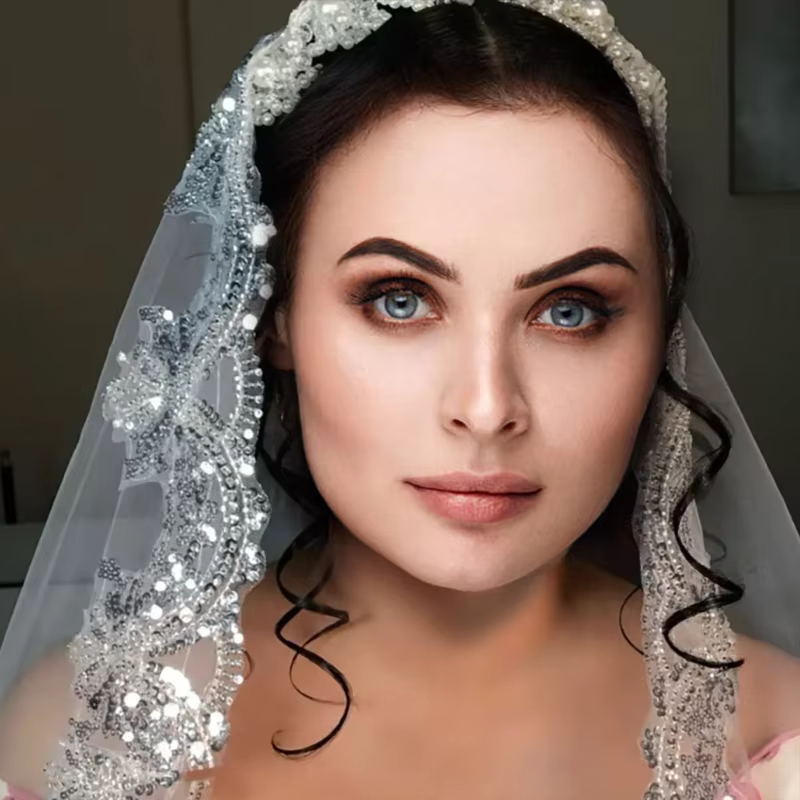 Sequin Full Lace Silver Edge Veil Bride Wedding 1.5 Meters Wide Cathedral Wedding Accessories No Comb Custom Made Veil
