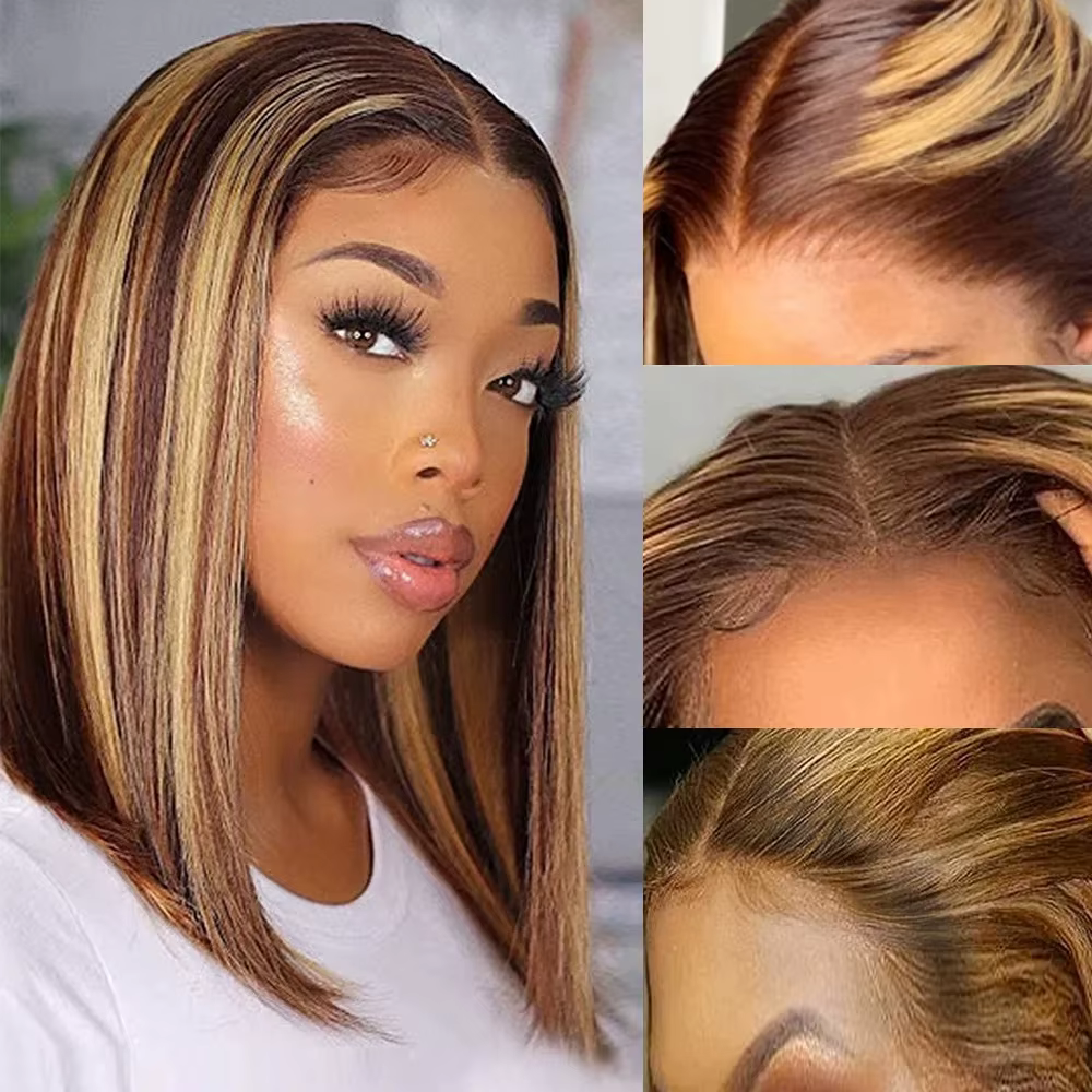 Short Bob Wig Highlight Color Human Hair Straight 13x4 Lace Front Wigs For Women Honey Blonde Bob Wigs Brazilian On Sale