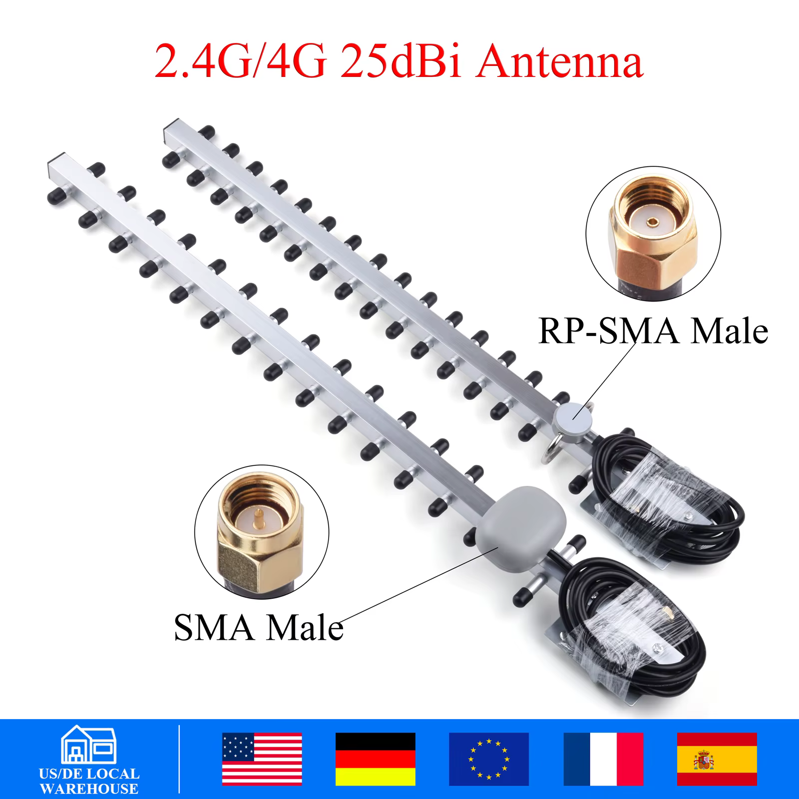US/DE 25dBi High Gain Dual-Band 4G/2.4G WiFi Yagi Antenna Compatible with RP-SMA/SMA Male Connectors Weatherproof with Cable