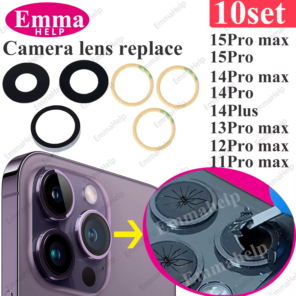 EmmaHelp 10set Back Camera Glass for iPhone 15 14 13 XR X XS SE 7 8 11 12 Pro Max Rear camera Lens Cover replacement Sticker A+