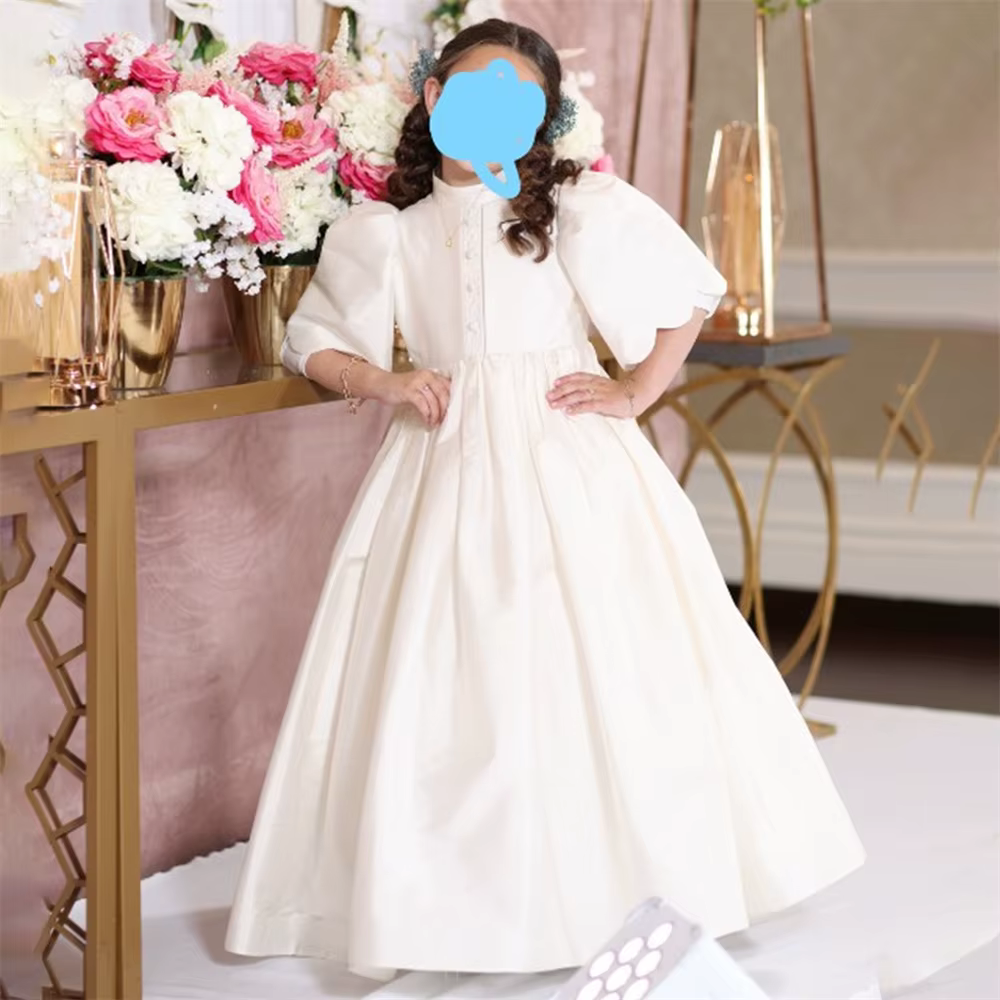 Classic High Neck Half Sleeve Princess First Communion Dress Floor Length Elegant Formal Flower Girl Gown New 2024 Customized