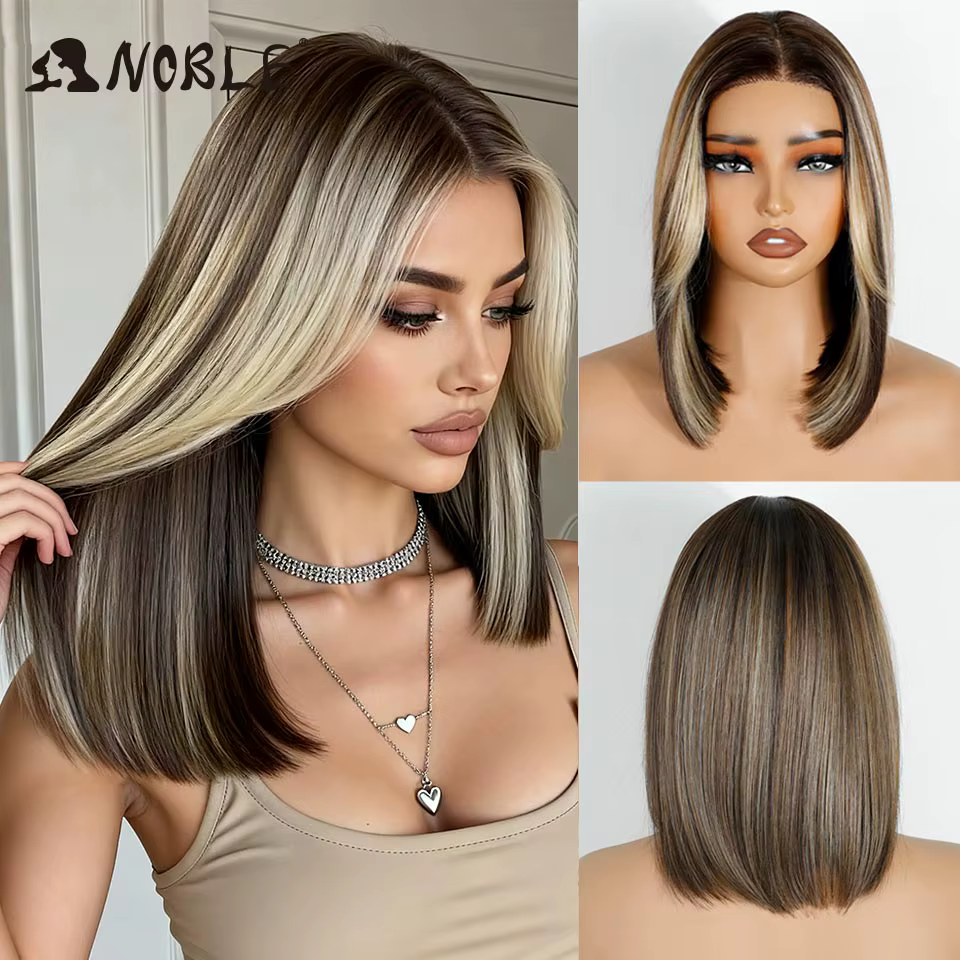 Noble Synthetic Lace Front Wigs For Women 12 Inch Pre Plucked Pre-Cut Ombre Brown Blonde Straight Layered Bob Wig Cosplay Wig