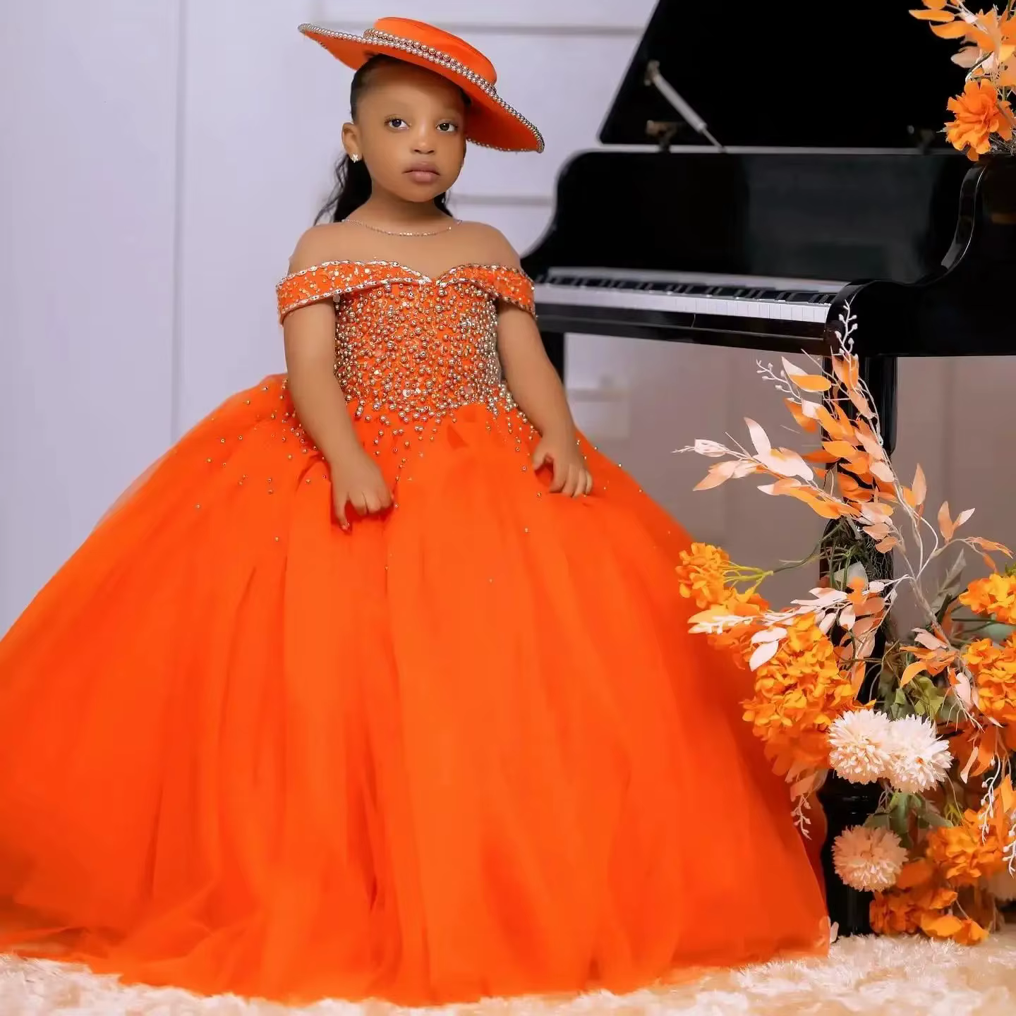 Orange Flower Girl Dresses for Wedding Crystal Princess Ball Gowns For Photo Shoot Baby Girl Birthday Ball Gowns Customized