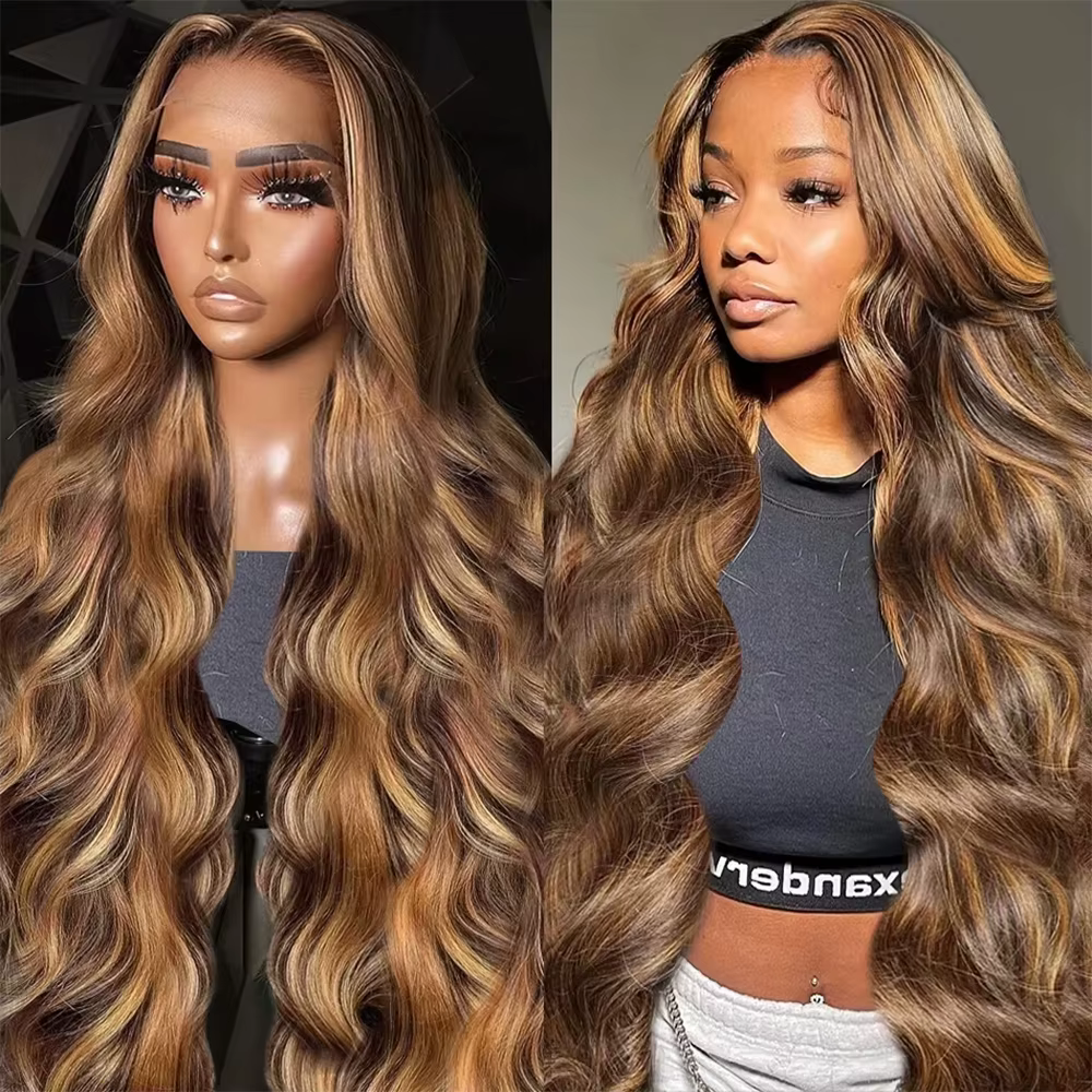 180% 200% Density Remy Human Hair Body Wave Wigs P4/27 Highlight Colored 13x4 13x6 HD Transpatent Lace Frontal Wig 18-46 Inch Pre Plucked Hair For Women