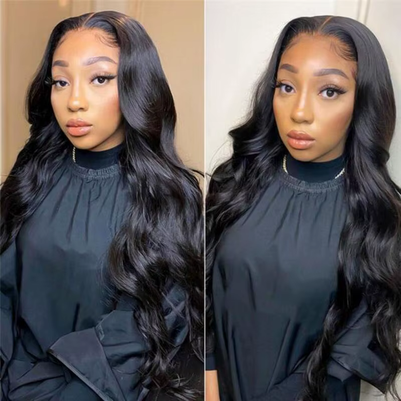 Natural Black Body Wave Remy Human Hair Wigs Lace Front Wig Pre Plucked Hairline 180% Density HD Transparent Lace Frontal Wig