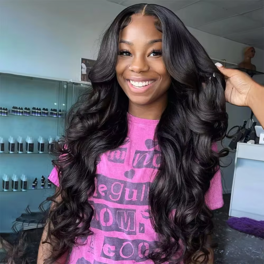 18-46 Inch Natural Black Body Wave 13x6 HD Transparent Lace Front Wig 200 Density Pre Plucked Hairline Supports Various Styling Creations
