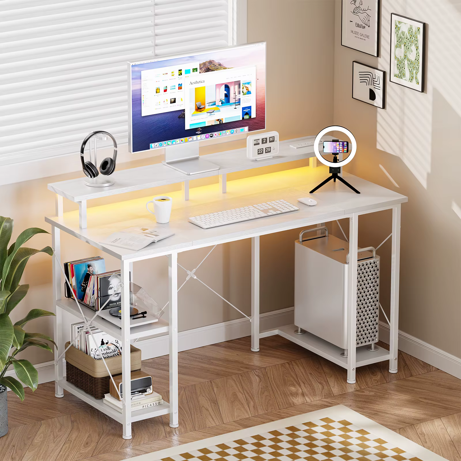 JHK 48 Inch Computer Desk with with Shelves Storage Drawers Office Wood Table with LED Lights Power Outlets Gaming Desk