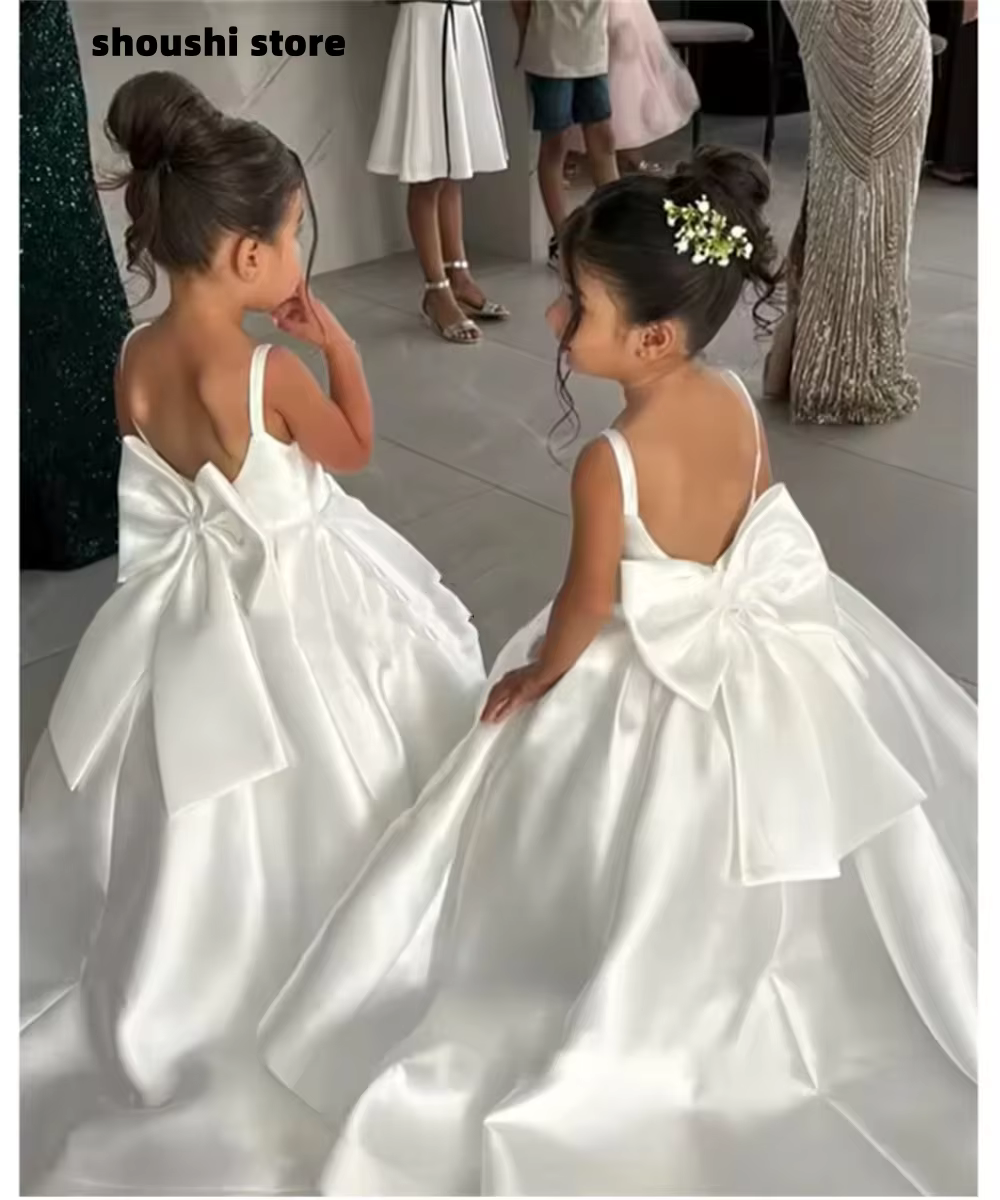 White Flower Girl Dress With Bow Strap Mini Bridal Wedding Dress Kids Ball Gown 1st Communion Frock Vestidos Customized