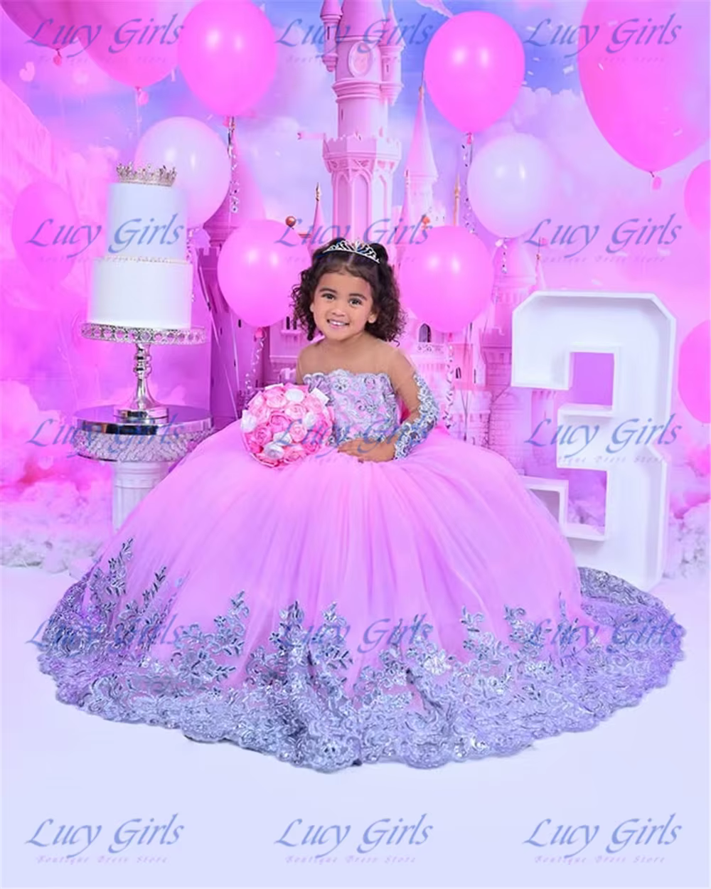 Gorgeous Pink Tulle Fluffy Flower Girls Dress Quality Lace Applique With Long Tail For Kid Wedding Birthday Party Evening Gowns