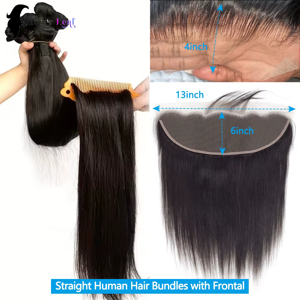 Straight Human Hair Bundles with Frontal 13x4 Raw Hair Bundles 100% Human Hair Extensions Weave 3 Bundles with 13x4/6 HD Frontal