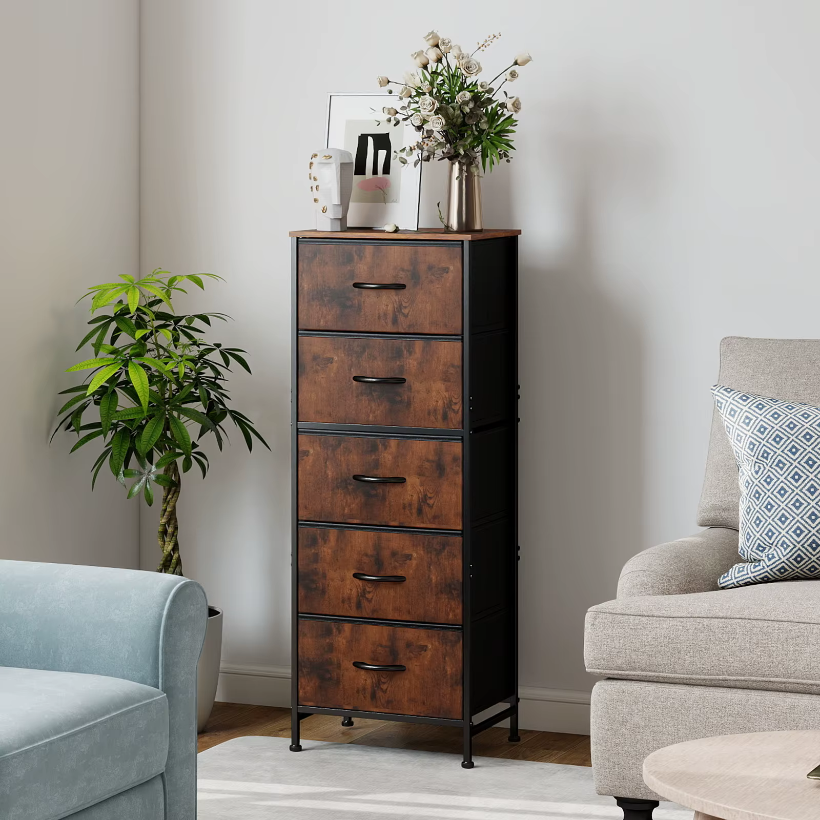 JHK 48IN Dresser For Bedroom With 5 Fabric Drawers Nightstand Wardrobe Steel Frame Closet For Clothes Storage Cabinet Furniture