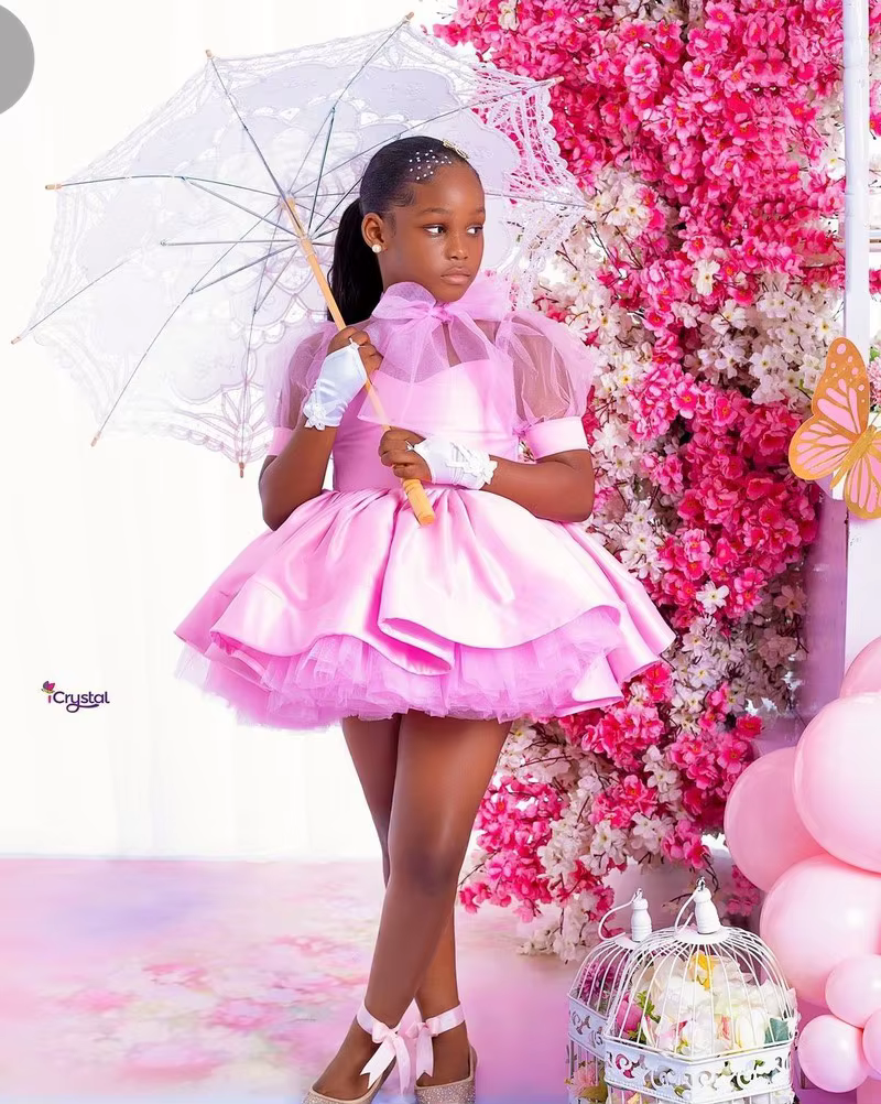 Pink Ball Gown Flower Girl Dresses Customized Tulle Tiered Ruffles Children Birthday Party Gowns High Neck Kids Wedding Dress