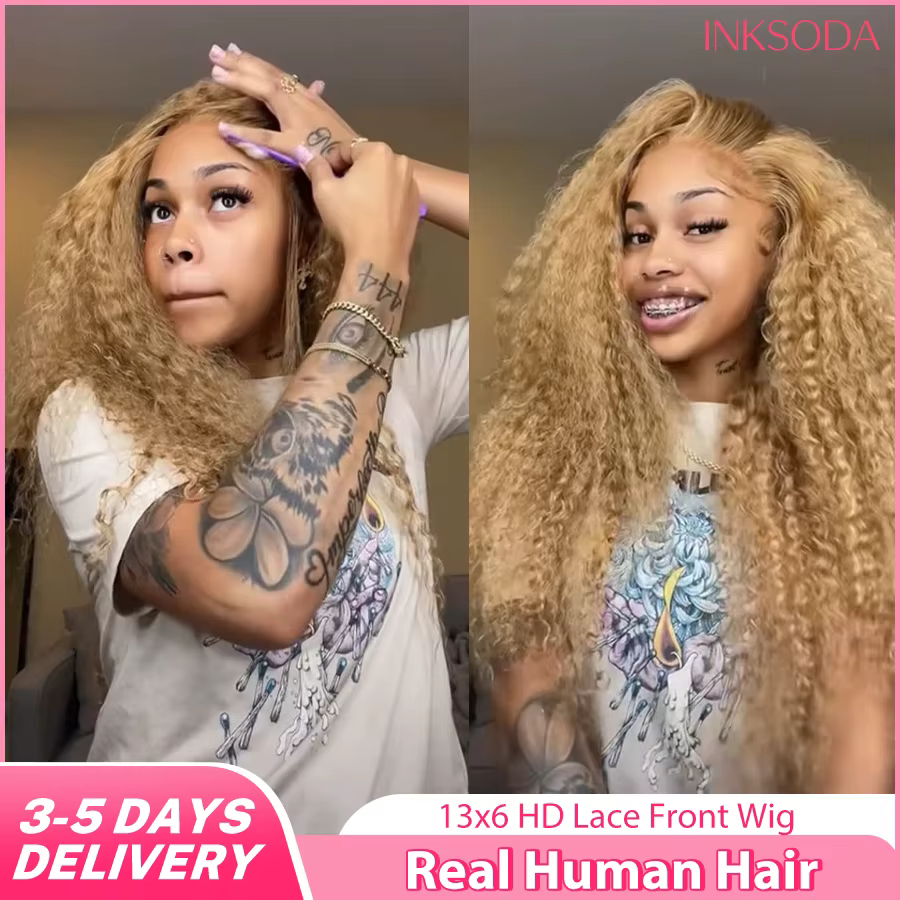 Honey Blonde Deep Wave Wigs Human Hair 13x6 HD Transparent Lace Frontal Wig 220% Density 27 Colored Curly Wigs For Women 36 Inch