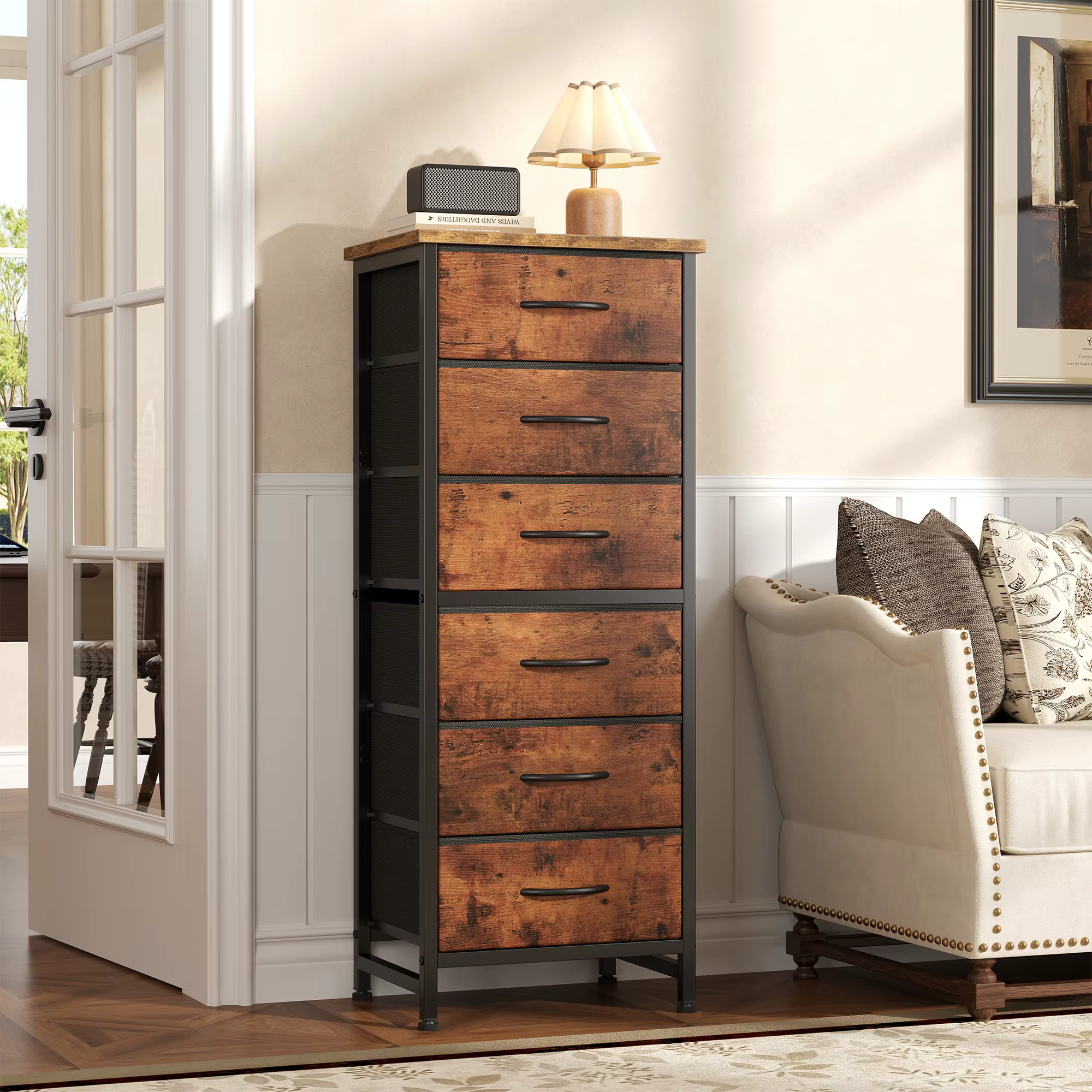 JHK Tall 6 Fabric Drawer Dresser for Bedroom Wood Top and Metal Frame Skinny Chest of Drawers Narrow Storage Tower with Organization Furniture