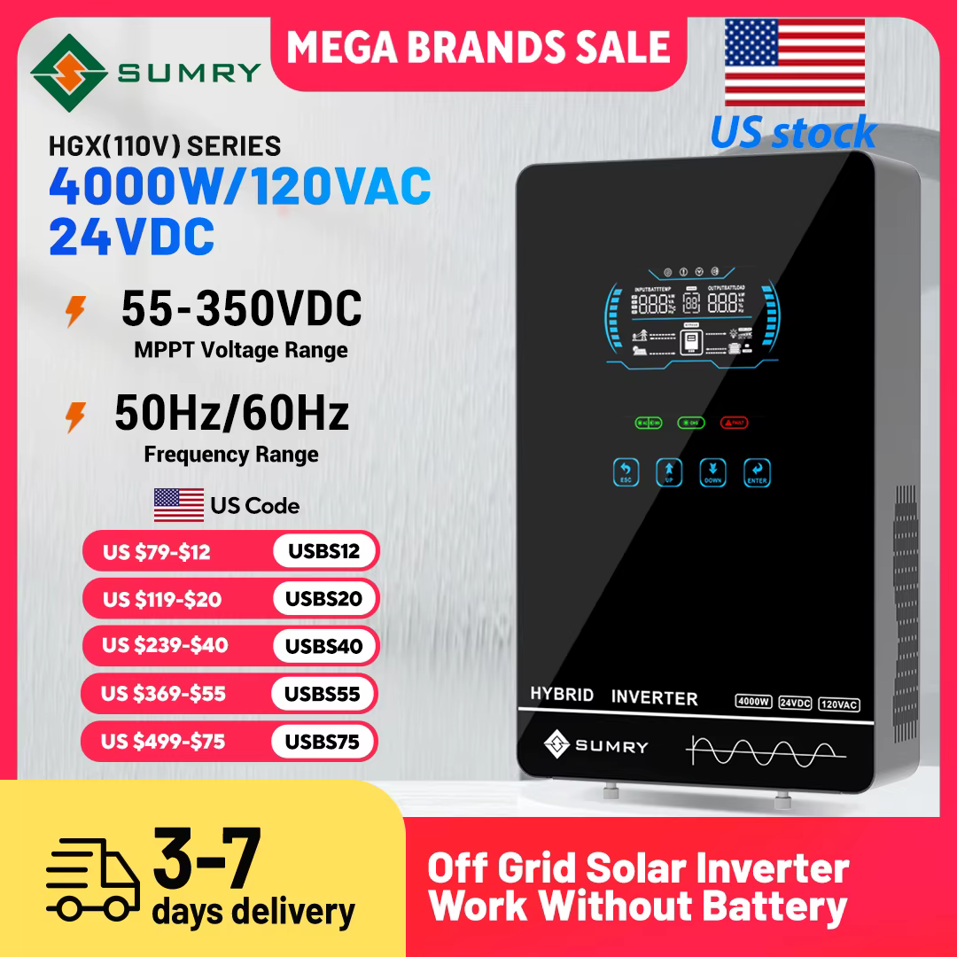 Sumry 4KW 120V Off Grid Solar Inverter 24V 140A 5600W MPPT Charger Pure Sine Wave Home Inverter 6.25 Inch LCD Display