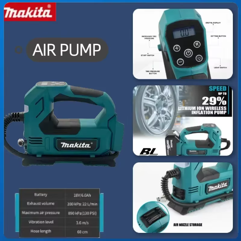 Makita Portable Cordless Pump Handheld Air Compressor Tire Inflator 18V Battery Electric Air For Car Bicycle Tires Ball