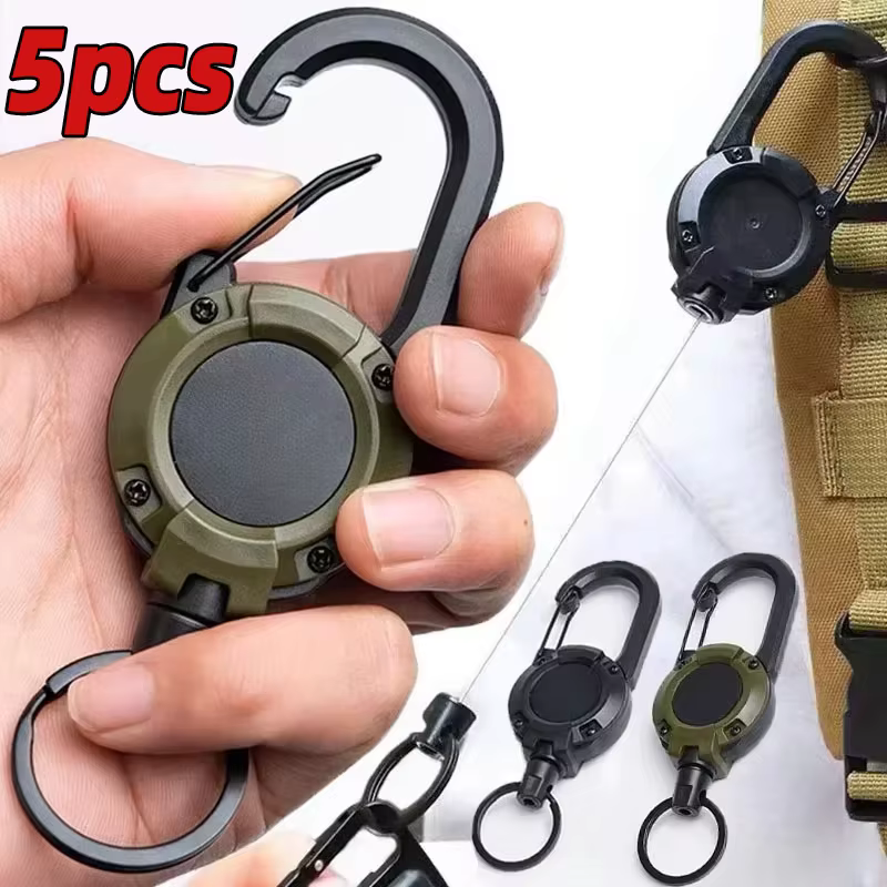 Retractable Heavy Duty Pull Reel Carabiner Strong Steel Wire Rope Buckle Spring Key Ring Outdoor Sporty attachment Keychain Tool