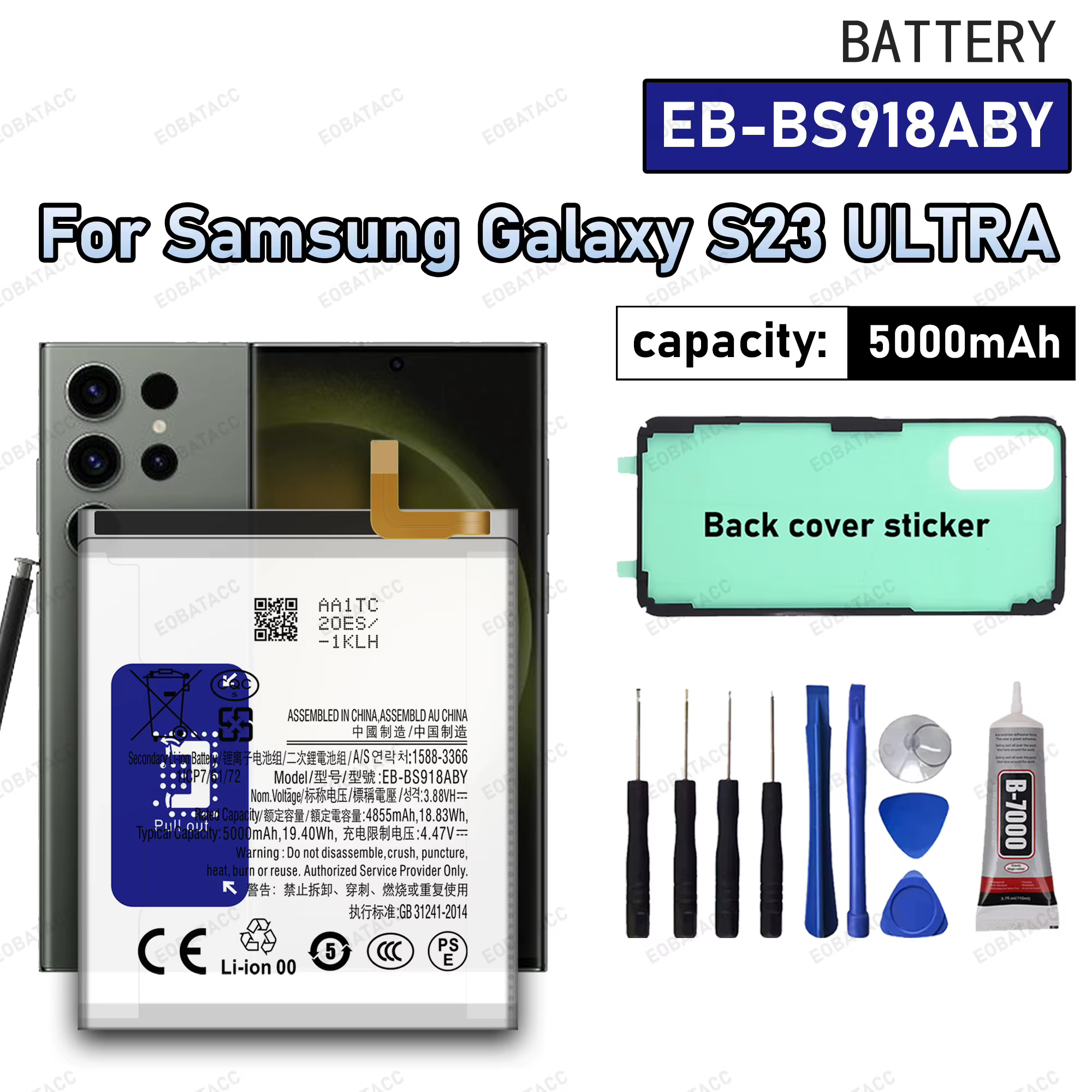 100% New High Quanlity EB-BS918ABY 5000mAh Battery For Samsung Galaxy S23 Ultra 5G S918 Replacement Batteries+Free Tools