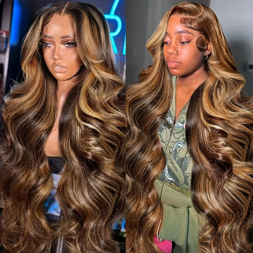 P4/27 Highlight Brown Body Wave 13x6 Human Hair Wig Honey Blonde Colored 13x4 HD Lace PrePlucked 40 46 Inch Wigs For Women