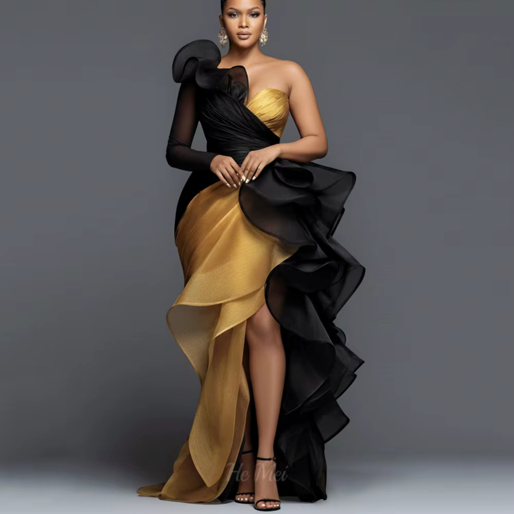 Party Gowns Customized Vintage One Shoulder Prom Dresses Contrast Color Split Evening Dress New Arrival فساتين سهرة