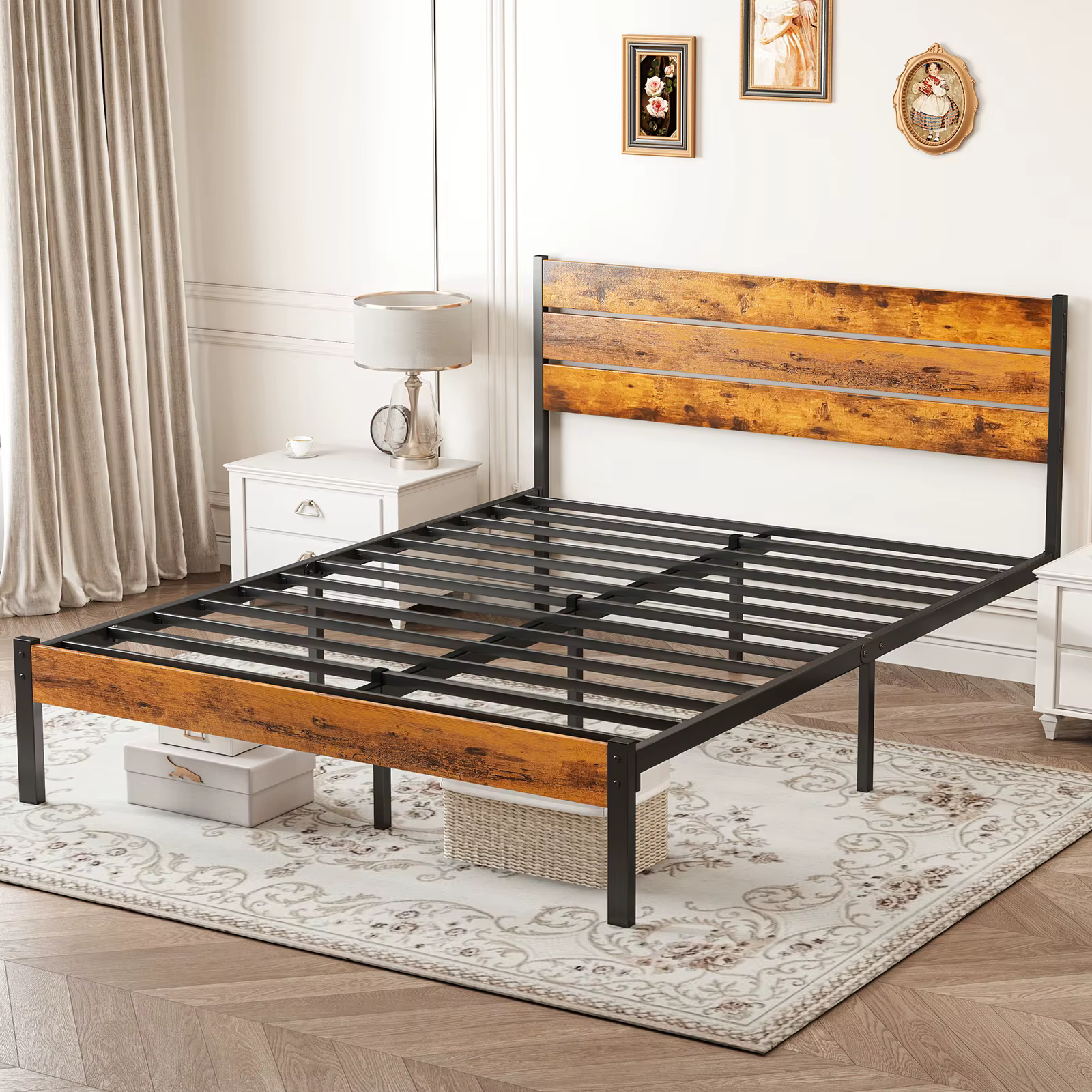 MCQ Wooden Headboard and Metal Platform Bed Frame No Box Spring Needed with 700LBS Sturdy Wooden Slats Support For Home