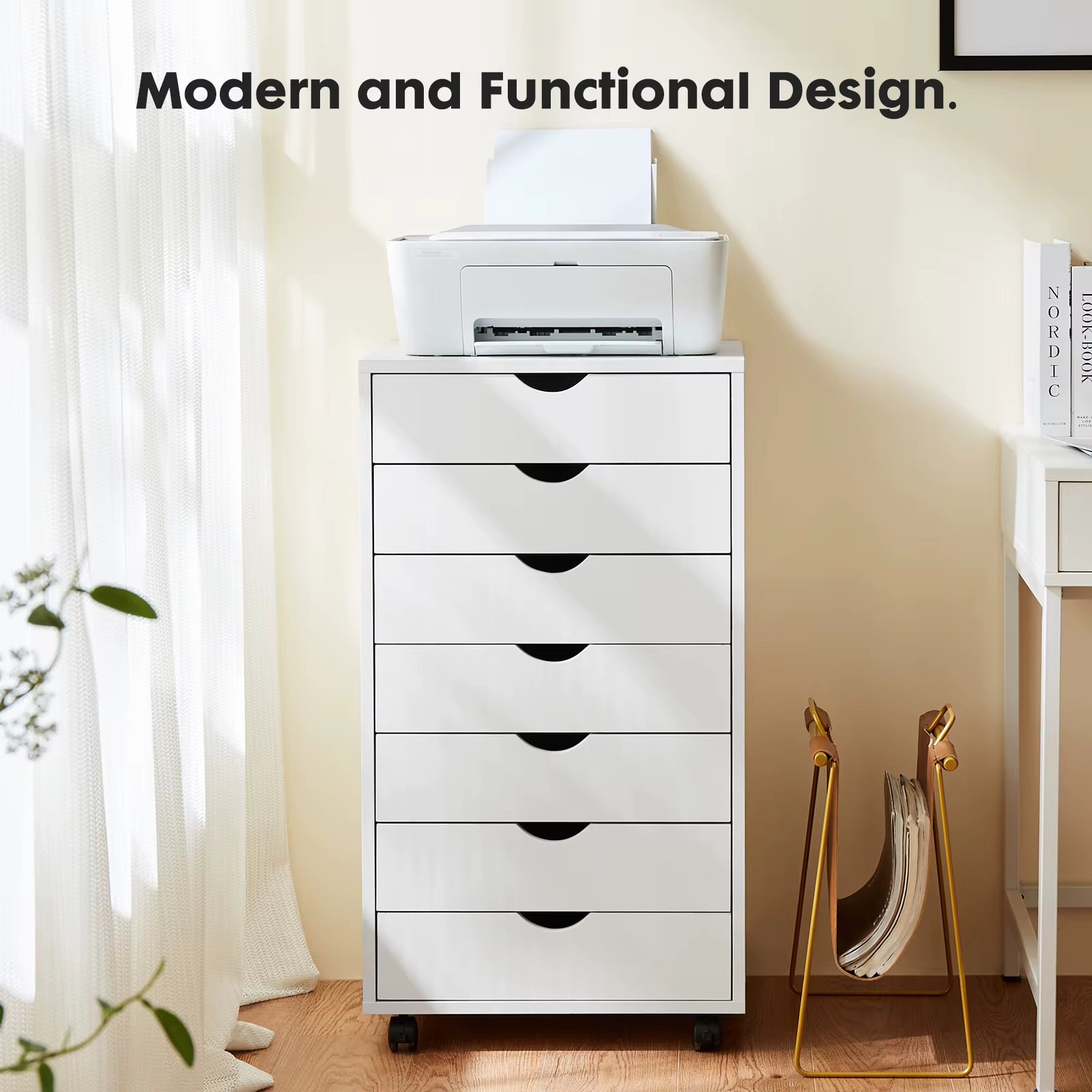 JHK 7 Drawer Chest Dressers Nightstand Storage Cabinet Wooden File Office Mobile Cabinet Wheels Living Room Organizer Rolling