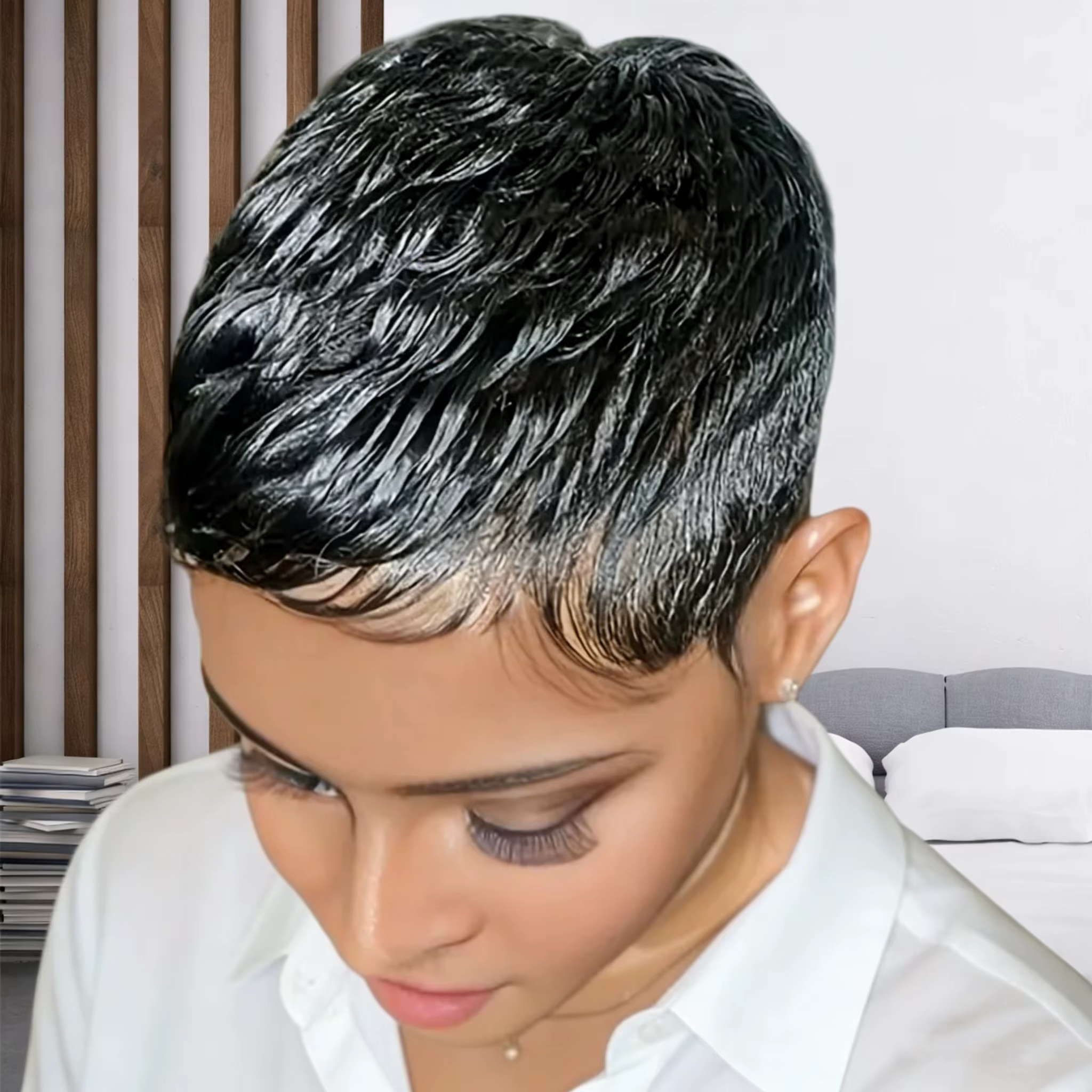 Pixie Cut Wig for Women Brazilian Remy Human Hair Short Wave Style with 99j Color Full Machine-Made