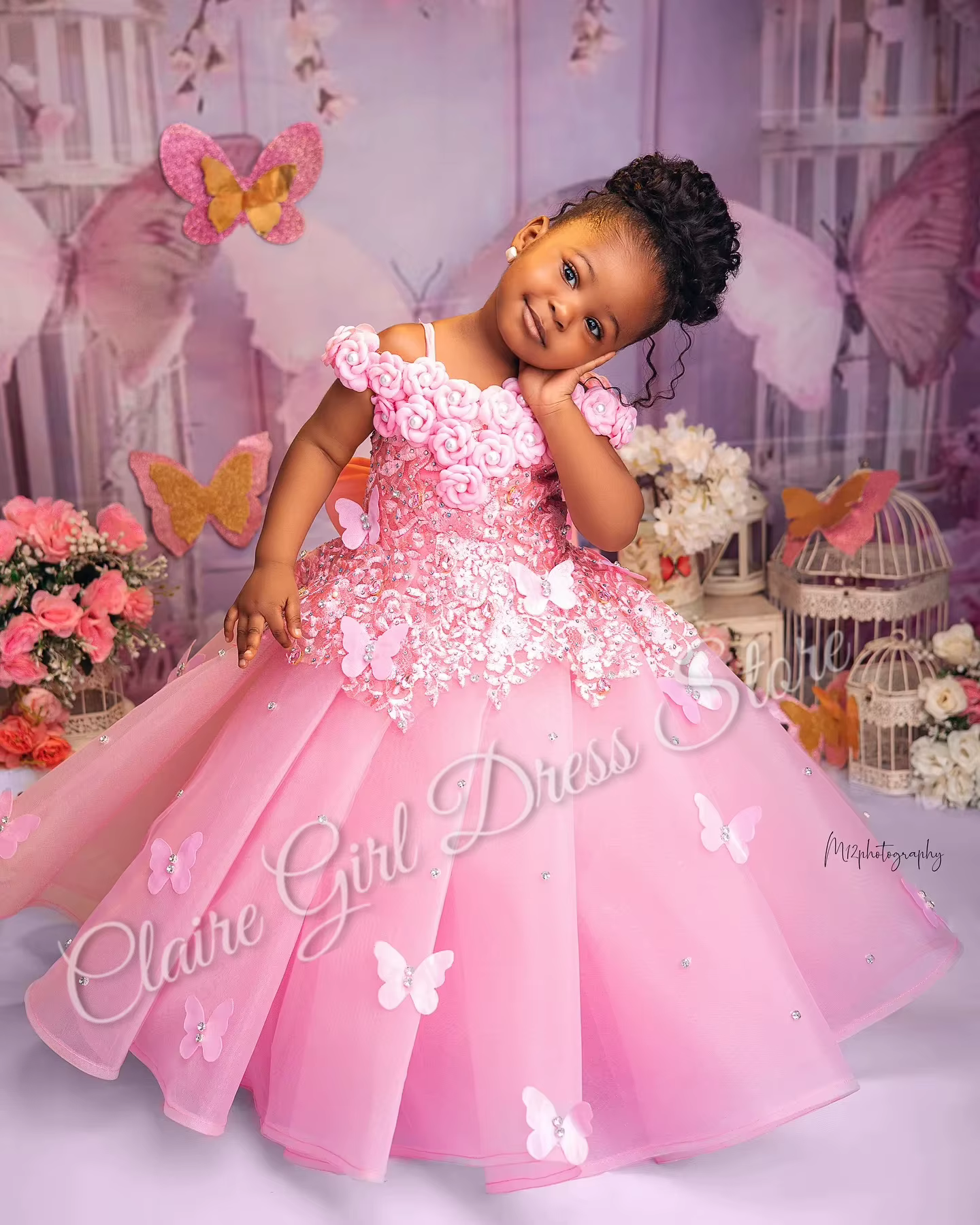 Customized Pink Flower Girl Dresses For Wedding Appliques Butterflies Pearls Cute Kids Birthday Party First Communion Gown