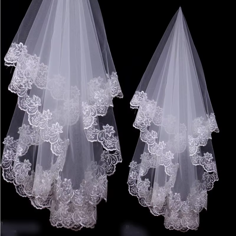White Ivory Lace Embroidery Edge Bridal High Quality Tulle Bride Veils 1 Layer Married Wedding Accessories 2024