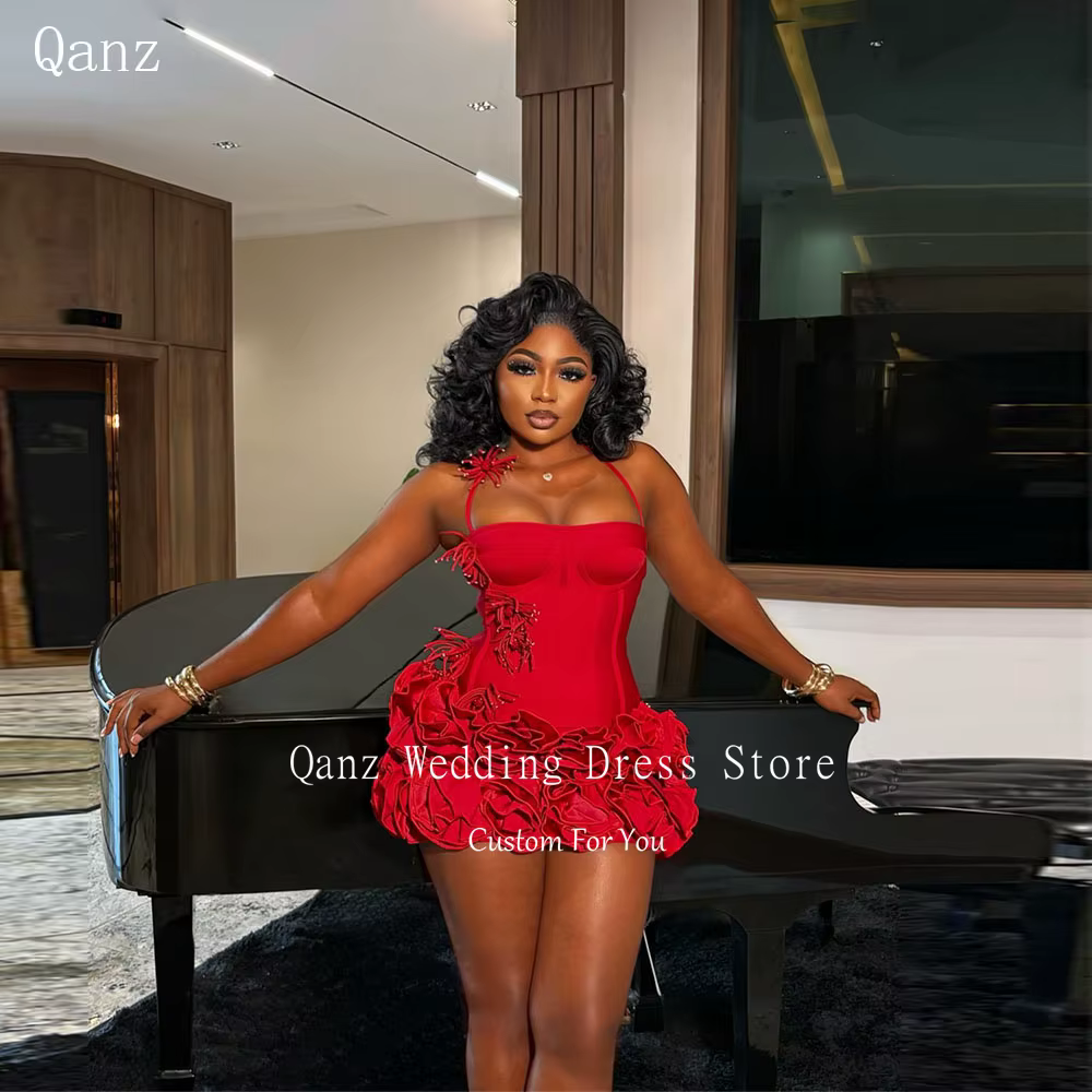 Qanz Red Birthday Dresses Baddie Black Girl Halter Neck Mini Prom Dresses Sweertheart Ruffles Wedding Party Dress Customized