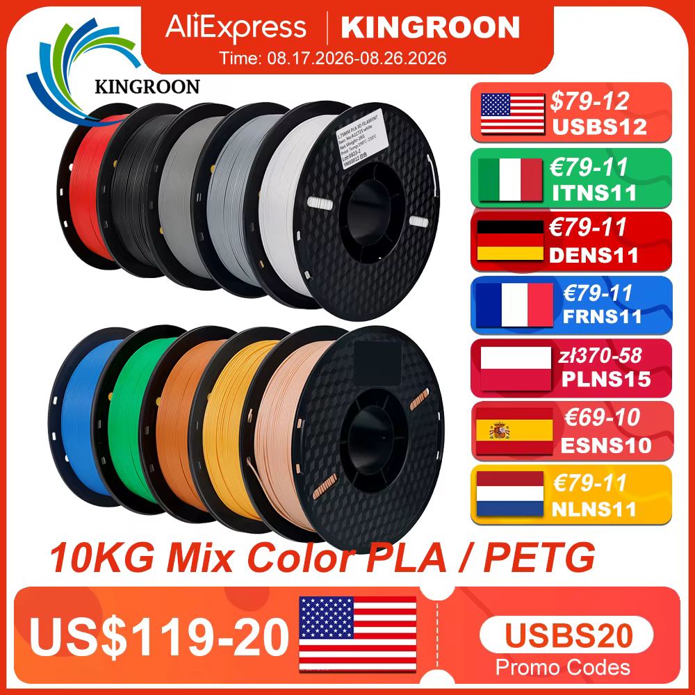 KINGROON 22LBS PETG or PLA Filament 3D Printer Filament 10 Rolls 1KG 1.75MM Eco-Friendly Good Toughness Mix Color Free Shipping