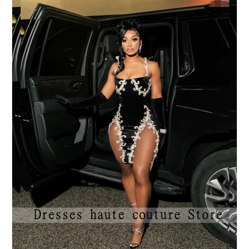 Sexy Velvet Prom Dresses With Detachable Gloves African Girl 2026 Crystal Beaded Illusion Mermaid Wedding Party Dress Customized