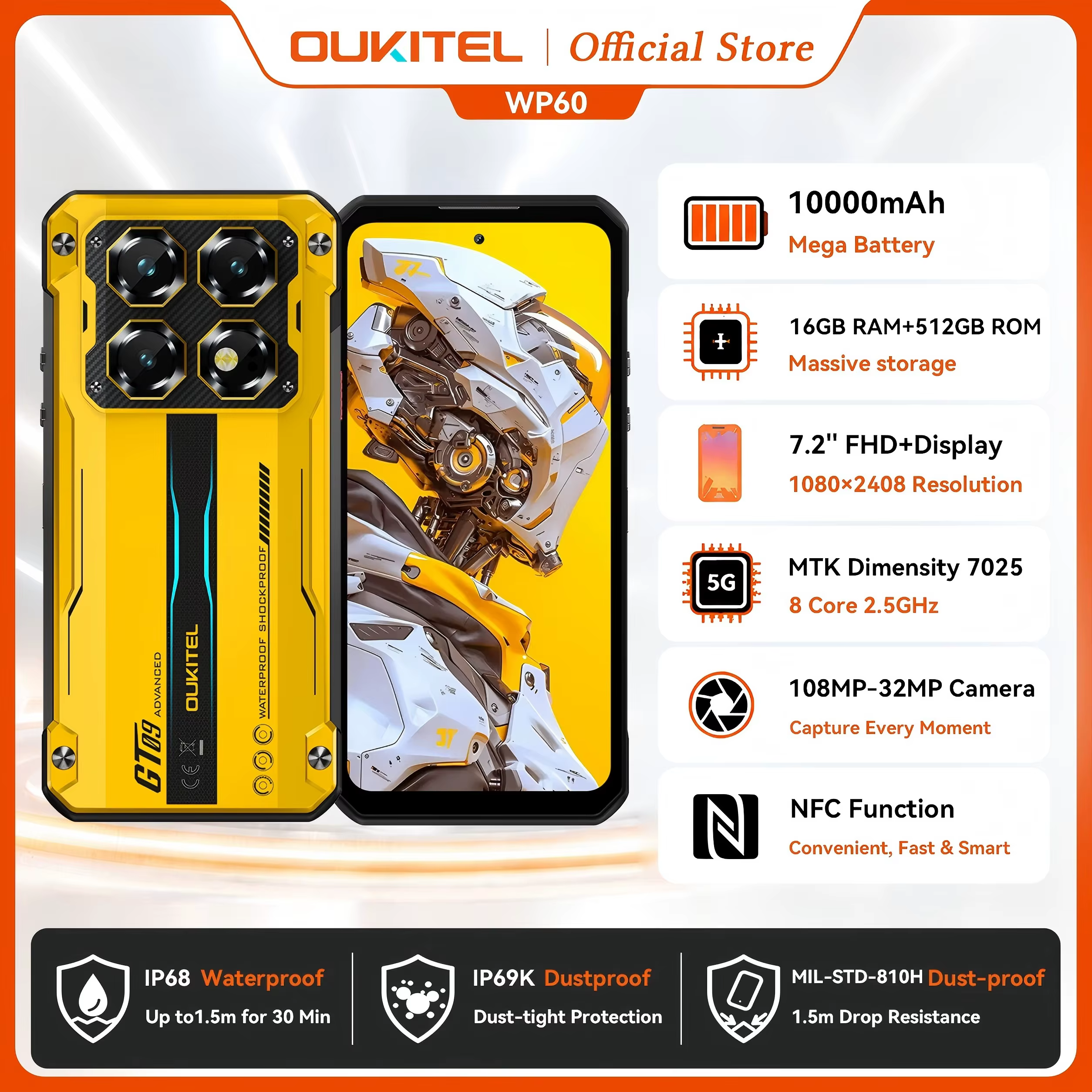 OUKITEL WP60 5G NFC Smartphone 10000mAh 48GB(16+32) +512GB, MTK 7025 Android 15 Rugged Phone, 108MP Camera, 120Hz