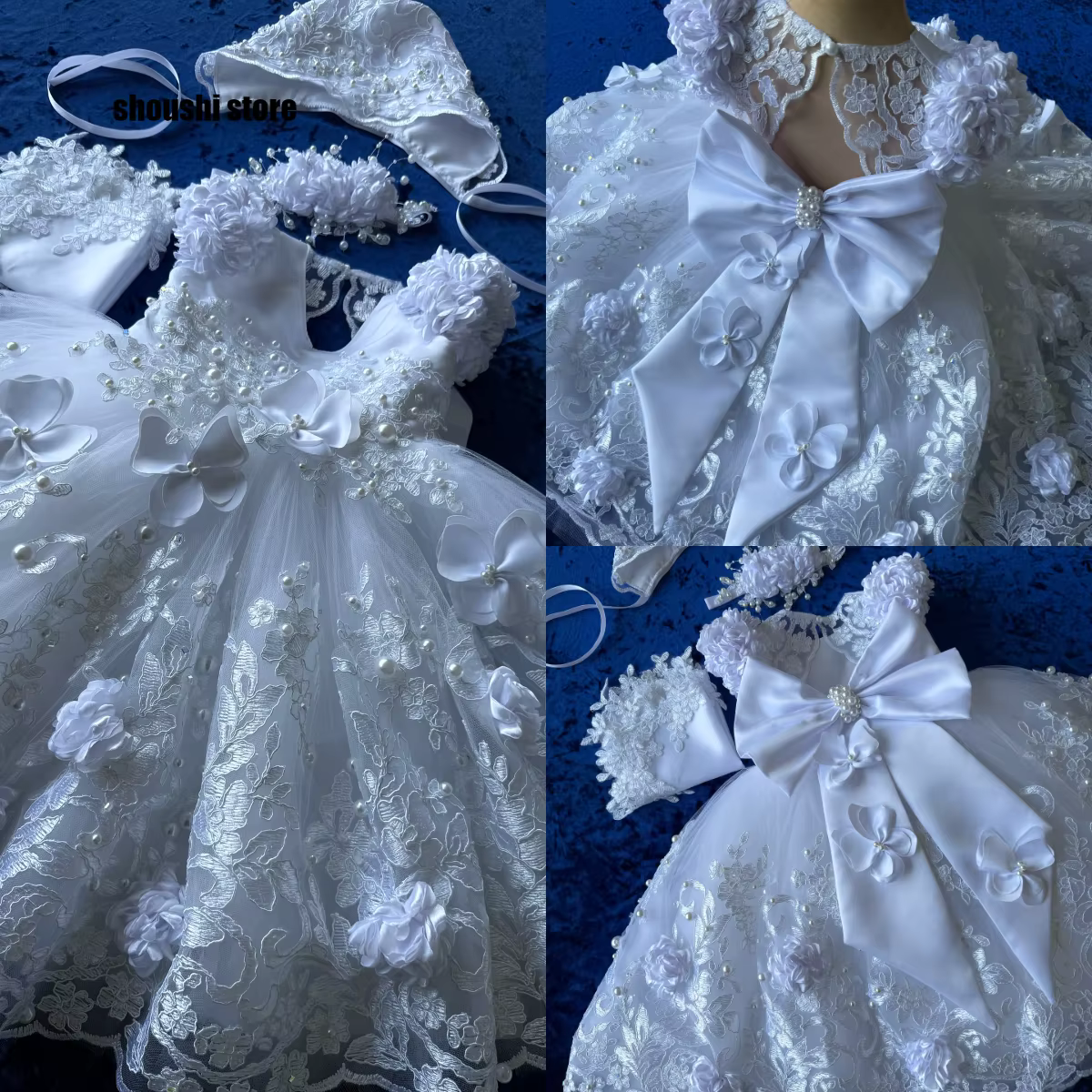 Cute Lace Baptism Christening Gown With Bonnet Outfit Baby Girls White Party Birthday Gown Wedding 3D Flower Girl Dress